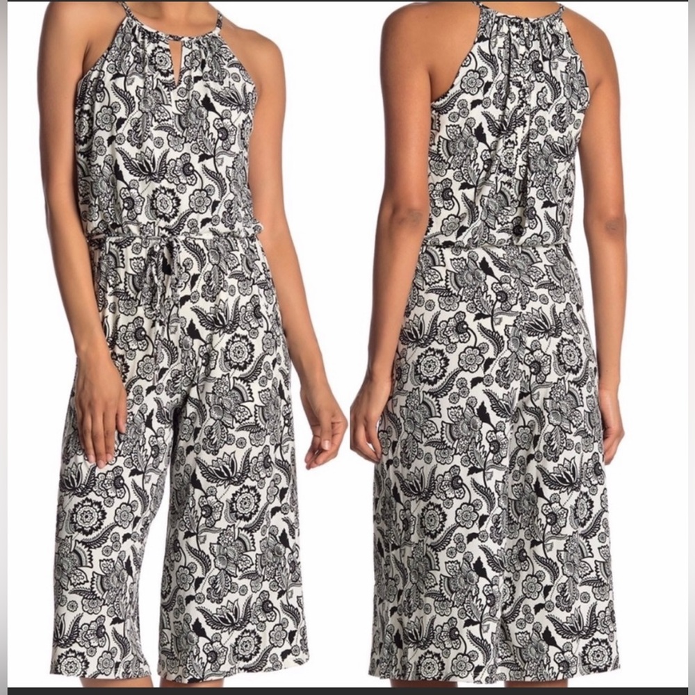 London Times Black and White Floral
Print Cropped Jumpsuit
